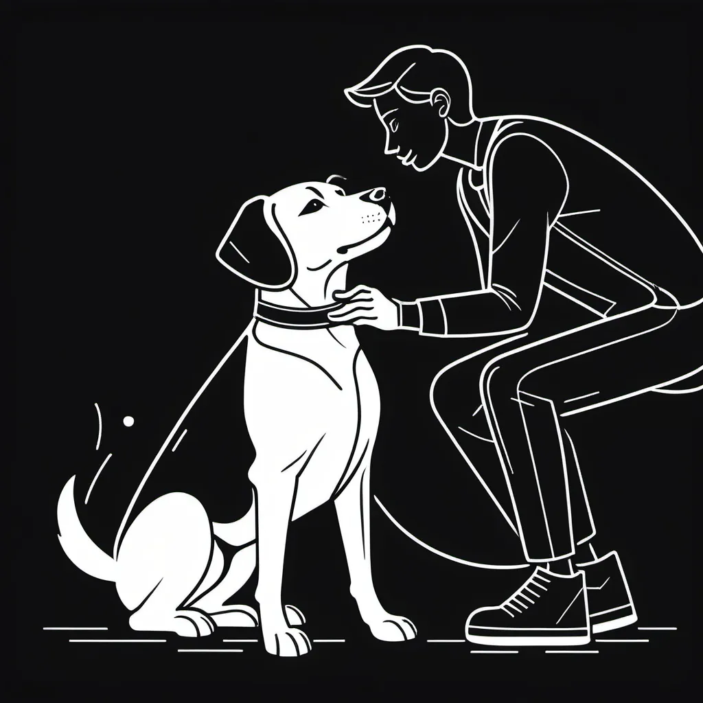 Prompt: Create a white-on-black line work illustration featuring a dog playfully patting a human. The style should be a blend of modern, comic, and futuristic elements, with sleek lines and bold shapes. The dog should be depicted in a dynamic, expressive pose, its paw gently touching the human, capturing a moment of connection and playfulness. The human should have a relaxed stance, interacting with the dog in a lighthearted, cool way. The overall aesthetic should be clean and minimal, using a single ink style to emphasize the contrast between the white lines and the black background. The composition should be visually striking and engaging, suitable for a modern comic or graphic art piece.