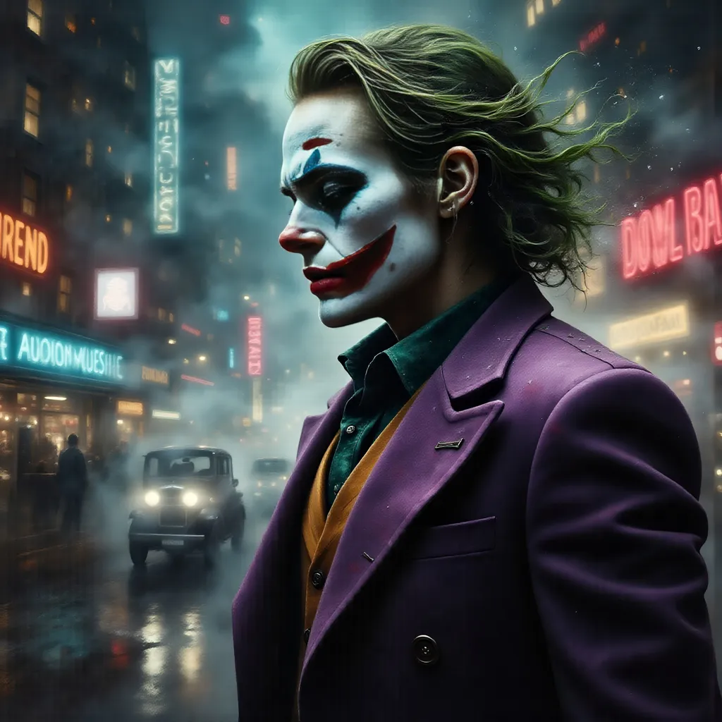 Prompt: (Joker character), in the style of Heath Ledger's portrayal, (dramatic cinematic atmosphere), (dark, moody color palette), intense facial expression, wild hair full of chaotic energy, tattered purple suit with distinctive green accents, urban Gotham backdrop, gritty texture, neon lights illuminating shadows, photorealistic, (4K ultra-detailed), evoking tension and madness.