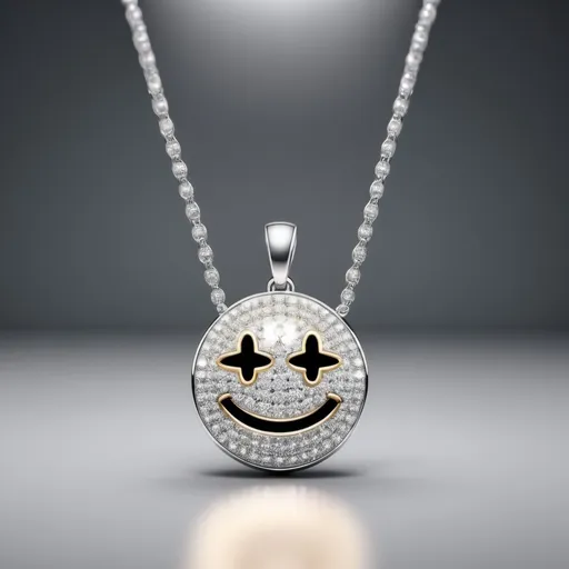 Prompt: (silver pendant) with (diamond emoji face), sleek and modern design, shimmering metallic finish, sparkling diamonds reflecting light, elegant jewelry display, high-quality details, stylish composition, soft spotlight illuminating the pendant, luxurious vibe, captivating aesthetics, suitable for fashion or trendy accessories, ultra-detailed, 4K resolution.