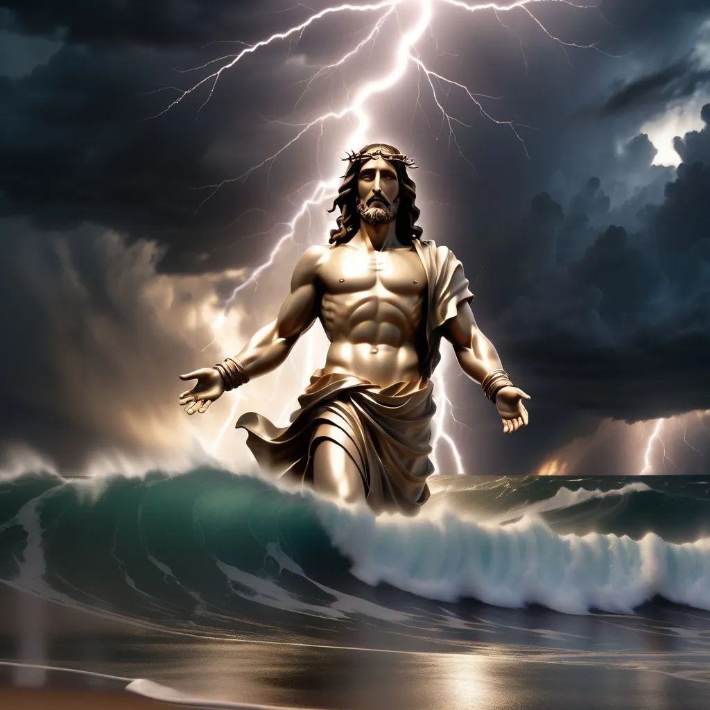 Prompt: Jesus is clothed and on the horizon as a figure in the distance a mile away and walking on water in a storm surrounded by lightning and thunder. He is transfigured in an awesome light. Waves are crashing against the shoreline in the foreground. Jesus face is perfectly formed and calm and etched in light and shadow. The storm is vivid and strong. The sky dark and enigmatic with waves of iridescent lightning. 