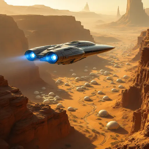 Prompt: In a breathtaking golden landscape, a sleek, futuristic spaceship hovers gracefully above a sprawling settlement of geodesic domes nestled in a dusty canyon. The ship's blue glowing engines at the back of the ship pulse with energy, contrasting against the rich ochre of the rocky cliffs and the distant, towering spires emerging like ancient sentinels. Below, the winding paths connect the translucent habitats, suggesting a vibrant community thriving in this arid environment, while the warm, diffused sunlight casts an ethereal glow over the entire scene. The overall mood evokes a sense of exploration and wonder, hinting at advanced technology harmoniously integrated with the natural beauty of a remote alien world.