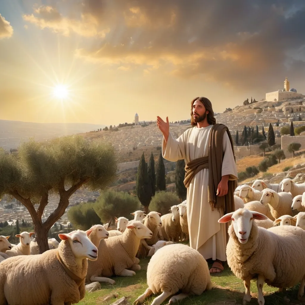 Prompt: Jesus teaching the sermon on the Mount. He stands enigmatically exuding the divine spirit placed upon him. Humble yet divine. The Son of God personified. Jesus is surrounded by a large crowd of people who are listening to his sermon. The scenery is amazing. It is a rugged rural landscape of Jerusalem where Jesus stands on top of the Mount. The scene is set near Jesus. The City of Jerusalem at the time of Jesus is in the background. Olive trees grow on the Mount. And a few sheep and goats can be seen feeding. Jesus is wearing the garments of the day with a sash. The sun is setting and the sky is a golden sunset. 