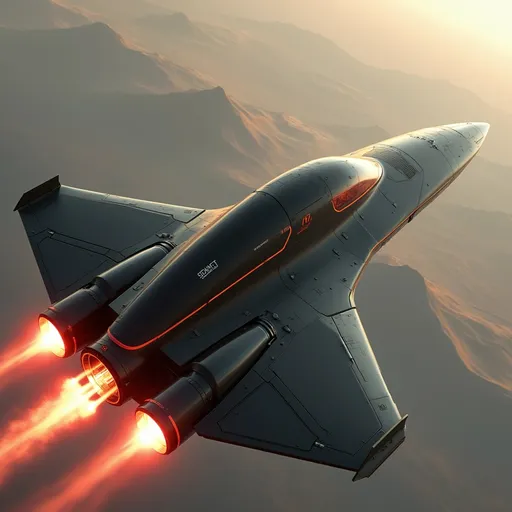 Prompt: Soaring above a glass domed city and a sea of soft distant red mountainous landscape and the extinct Mons volcano of Mars, a sleek, yet broad bodied modern spacecraft propels forward with brilliant engine flames streaming behind it, illuminating the atmosphere with a fiery glow. The vessel features a streamlined, aerodynamic design, marked by sharp angles and a polished, metallic surface that reflects the ambient light of the sky. With its jet-black body contrasting against the pale red hues of Mars planet around it, the scene captures a sense of adventure and technological prowess. The upward angle enhances the feeling of ascent, lending a dynamic perspective, as the ship's sturdy wings and vibrant red accents stand out boldly. This moment conveys an exhilarating narrative of exploration and breakthrough, inviting imaginations to soar alongside it.