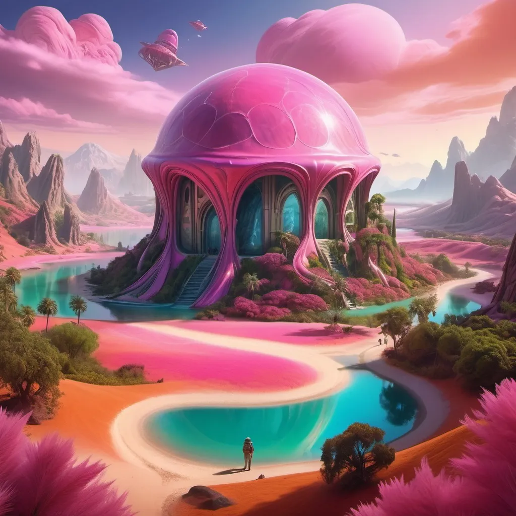Prompt: A surreal and vividly imaginative landscape unfolds, featuring a colossal dome encasing a miniature, verdant mountain surrounded by lush trees and a winding path, set against a backdrop of strikingly colorful, alien terrain. This enclosed paradise sits within a vivid, pink-hued lake, contrasting sharply with the rich, orange sands of the surrounding landscape, which is dotted with jagged rock formations that stretch towards an atmospheric horizon filled with billowing clouds. The otherworldly environment is further enhanced by additional smaller domes, hinting at potential human habitation or exploration in this fantastical setting. The overall composition merges a dreamlike quality with rich colors and unusual forms, evoking a sense of wonder and curiosity about life and landscapes beyond Earth.