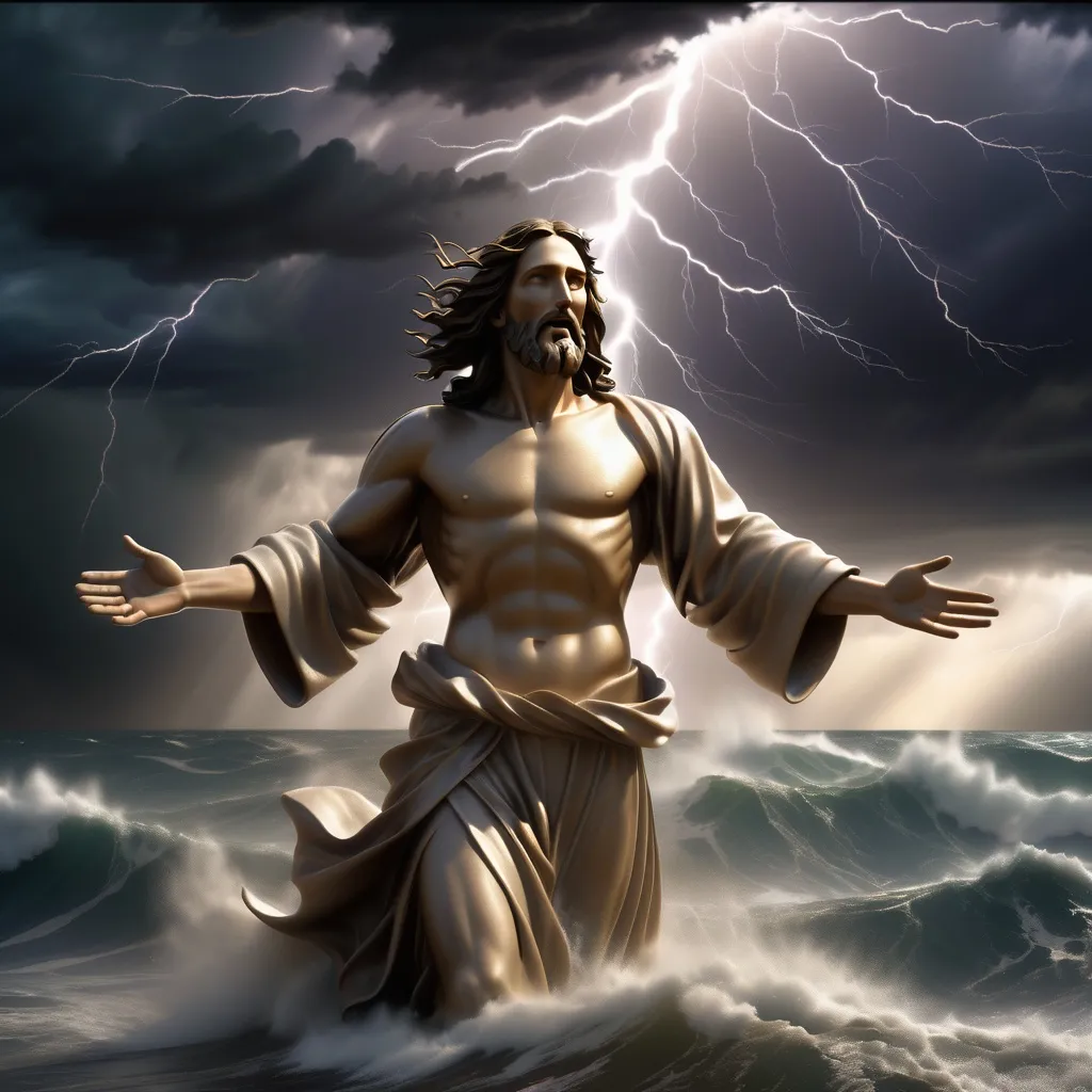 Prompt: Jesus is clothed and on the horizon as a figure in the distance a mile away and walking on water in a storm surrounded by lightning and thunder. He is transfigured in an awesome light. Waves are crashing against the shoreline in the foreground. Jesus face is perfectly formed and calm and etched in light and shadow. The storm is vivid and strong. The sky dark and enigmatic with waves of iridescent lightning. 