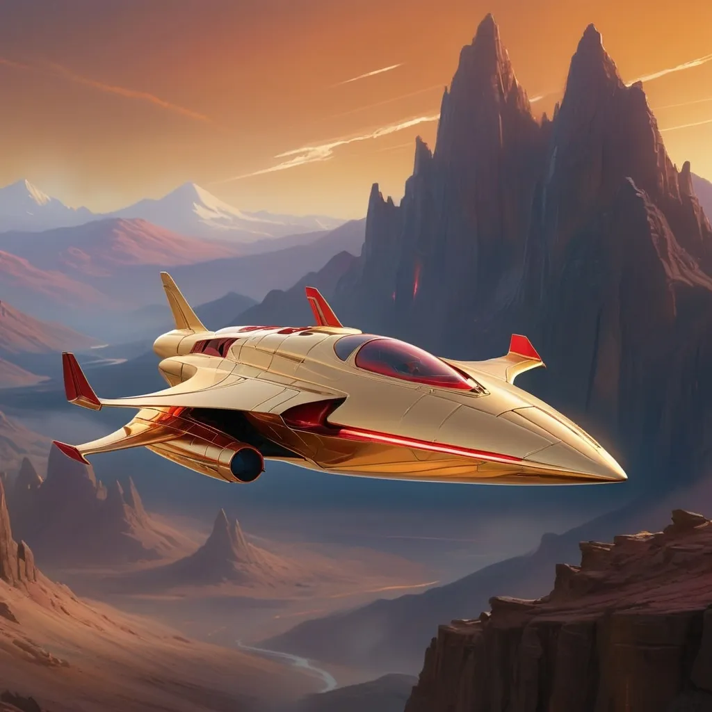 Prompt: Soaring through a breathtaking golden-hued atmosphere, a sleek spaceship jetstreams against a backdrop of rugged, mountainous terrain bathed in warm light. The craft features a streamlined design with a metallic sheen, highlighted by striking red accents and glowing exhaust ports that emit fiery trails, indicating powerful propulsion. Below, faint silhouettes of clustered structures hint at a distant settlement, shrouded in the soft glow of twilight. The composition captures a sense of adventure and exploration, evoking both the wonder of space travel and the raw beauty of an alien landscape, as the ship ascends into the vast unknown.