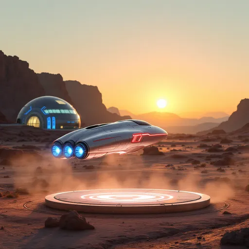 Prompt: A sleek, futuristic spacecraft hovers just above a round illuminated concrete pad in a rugged desert landscape, illuminated by the soft glow of the setting sun. The ship’s smooth, metallic surface is accentuated by glowing red lines and vibrant blue thrusters that emit a bluish light, suggesting advanced technology. In the background, a large, dome-shaped structure with transparent panels and blue accents stands against a tapestry of distant mountains, hinting at human presence and architectural ingenuity on this alien terrain. The warm, golden hues of the sunset contrast with the cool colors of the spacecraft, creating a captivating visual narrative that evokes a sense of exploration and discovery in an otherworldly setting. Dust rises gently from the ground, adding a dynamic element to the serene yet futuristic ambiance.
