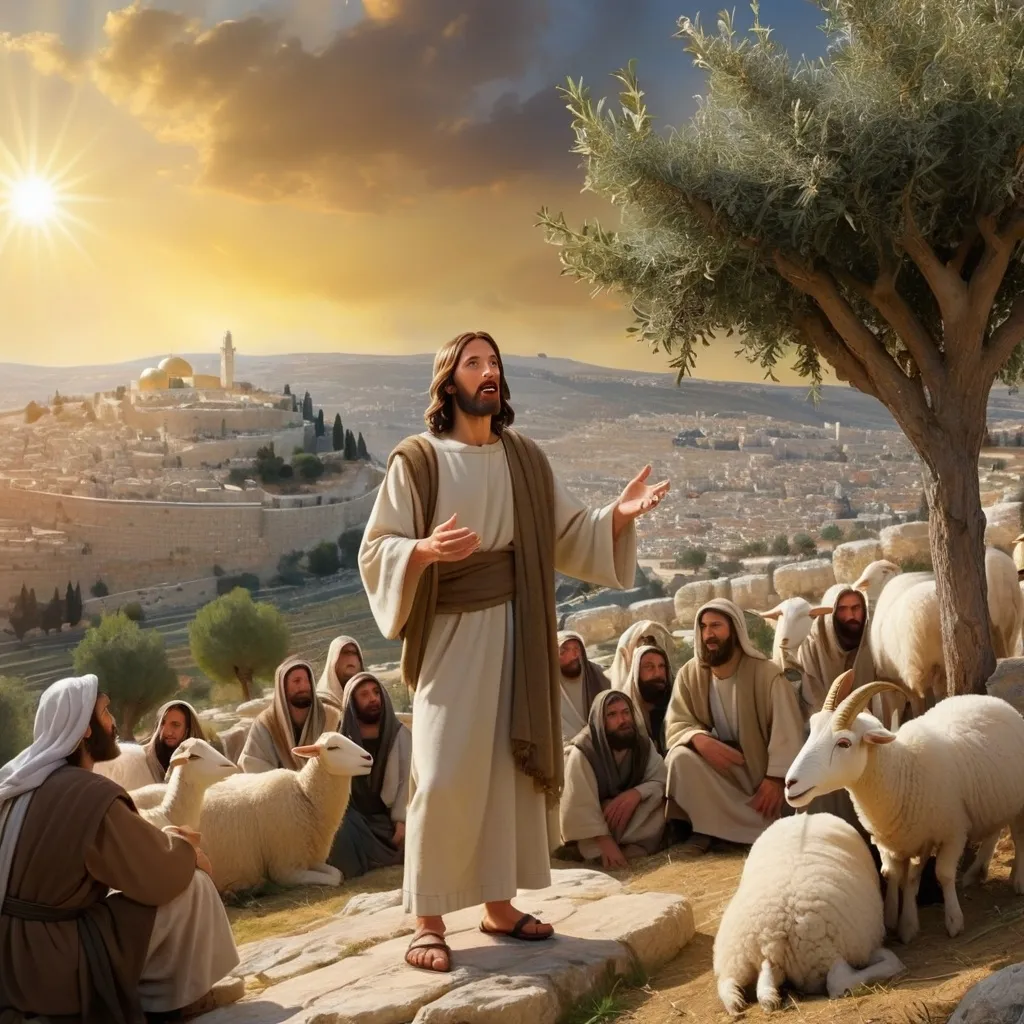 Prompt: Jesus teaching the sermon on the Mount. He stands enigmatically exuding the divine spirit placed upon him. Humble yet divine. The Son of God personified. Jesus is surrounded by people. A crowd of people who are listening to his sermon. The scenery is amazing. It is a rugged rural landscape of Jerusalem where Jesus stands on top of the Mount. The scene is set near Jesus. The City of Jerusalem at the time of Jesus is in the background. Olive trees grow on the Mount. And one goat and one sheep can be seen feeding. Jesus is wearing the garments of the day with a sash. The sun is setting and the sky is a golden sunset. 