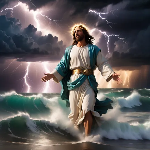 Prompt: Jesus is clothed and on the horizon  half a mile away and walking on water in a storm surrounded by lightning and thunder. He is transfigured in an awesome light. Waves are crashing against the shoreline in the foreground. Jesus face is perfectly formed and calm. The storm is vivid and strong. The sky dark and enigmatic with waves of iridescent lightning. 