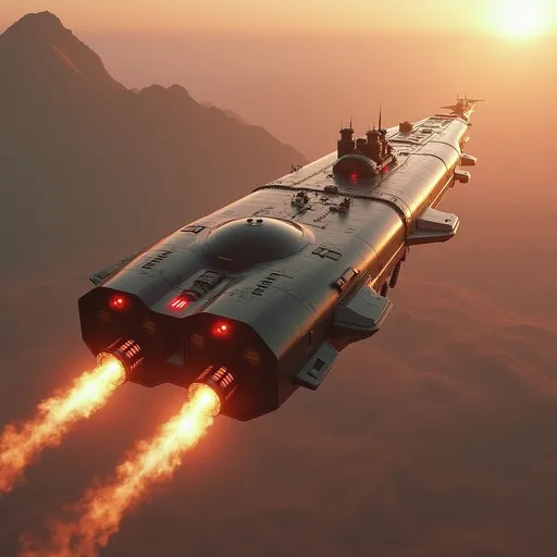 Prompt: Soaring above several glass domed cities and a sea of soft distant red mountainous landscape and the extinct Mons volcano of Mars, a very long, yet broad bodied modern spacecraft freighter full of goods, propels forward with brilliant engine flames streaming behind it, illuminating the atmosphere with a fiery glow. The giant vessel features a long cargo bay hold as it is a planetary freighter carrying cargo. Its size is gigantic and stretches off into the distance. The hull is stretching away yet fairly streamlined, aerodynamic design, marked by sharp angles and a polished, metallic surface that reflects the ambient light of the sky. With its jet-black body contrasting against the pale red hues of Mars planet around it, the scene captures a sense of adventure and technological prowess. The upward angle enhances the feeling of ascent, lending a dynamic perspective, as the ship's sturdy length and vibrant red accents stand out boldly. This moment conveys an exhilarating narrative of exploration and breakthrough, inviting imaginations to soar alongside it.