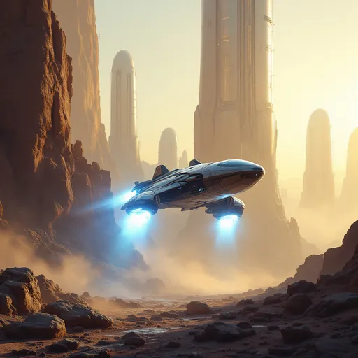 Prompt: Amidst a rugged, otherworldly landscape bathed in soft, golden light, a sleek, futuristic spacecraft ascends gracefully, its engines glowing with vibrant blue flames that dramatically illuminate the scene. Towering in the background are smooth, dome-shaped structures, likely habitation pods, that reflect the bright hues of the setting sun while casting elongated shadows on the rocky terrain. The spacecraft, with its streamlined design and intricate surface details, exudes a sense of advanced technology and exploration, as it appears to be departing from the ground below, hinting at a journey to distant realms. The atmospheric haze adds a mystical quality, enveloping the foreground rocks and softening the harsh lines of the environment, which together evoke a mood of adventure and discovery in this ethereal sci-fi setting.