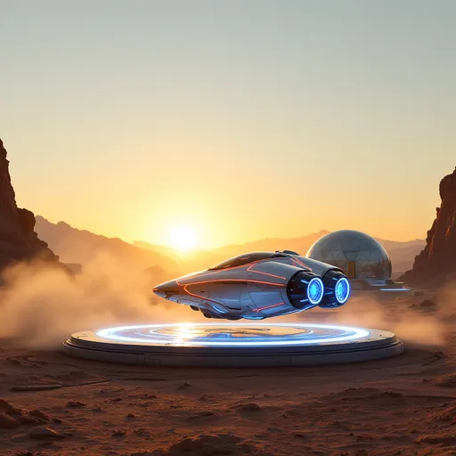Prompt: A sleek, futuristic spacecraft hovers just above a round illuminated concrete pad in a rugged desert landscape, illuminated by the soft glow of the setting sun. The ship’s smooth, metallic surface is accentuated by glowing red lines and vibrant blue thrusters that emit a bluish light, suggesting advanced technology. In the background, a large, dome-shaped structure with transparent panels and blue accents stands against a tapestry of distant mountains, hinting at human presence and architectural ingenuity on this alien terrain. The warm, golden hues of the sunset contrast with the cool colors of the spacecraft, creating a captivating visual narrative that evokes a sense of exploration and discovery in an otherworldly setting. Dust rises gently from the ground, adding a dynamic element to the serene yet futuristic ambiance.