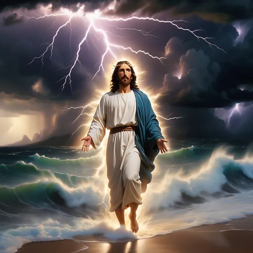 Prompt: Jesus is clothed and on the horizon as a figure in the distance a mile away and walking on water in a storm surrounded by lightning and thunder. He is transfigured in an awesome light. Waves are crashing against the shoreline in the foreground. Jesus face is perfectly formed and calm. The storm is vivid and strong. The sky dark and enigmatic with waves of iridescent lightning. 