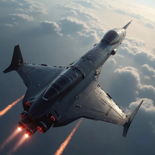 Prompt: Soaring above a sea of soft, billowing clouds, a sleek, modern spacecraft propels forward with brilliant engine flames streaming behind it, illuminating the atmosphere with a fiery glow. The vessel features a streamlined, aerodynamic design, marked by sharp angles and a polished, metallic surface that reflects the ambient light of the sky. With its jet-black body contrasting against the pale blue hues around it, the scene captures a sense of adventure and technological prowess. The upward angle enhances the feeling of ascent, lending a dynamic perspective, as the ship's sturdy wings and vibrant red accents stand out boldly. This moment conveys an exhilarating narrative of exploration and breakthrough, inviting imaginations to soar alongside it.
