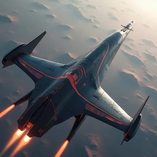 Prompt: Soaring above a sea of soft distant red mountainous landscape of Mars, a sleek, modern spacecraft propels forward with brilliant engine flames streaming behind it, illuminating the atmosphere with a fiery glow. The vessel features a streamlined, aerodynamic design, marked by sharp angles and a polished, metallic surface that reflects the ambient light of the sky. With its jet-black body contrasting against the pale red hues of Mars planet around it, the scene captures a sense of adventure and technological prowess. The upward angle enhances the feeling of ascent, lending a dynamic perspective, as the ship's sturdy wings and vibrant red accents stand out boldly. This moment conveys an exhilarating narrative of exploration and breakthrough, inviting imaginations to soar alongside it.