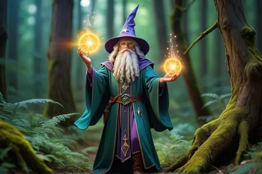 Prompt: Wizard Orion in a mystical forest around sunlight