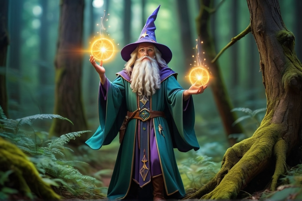 Prompt: Wizard Orion in a mystical forest around sunlight