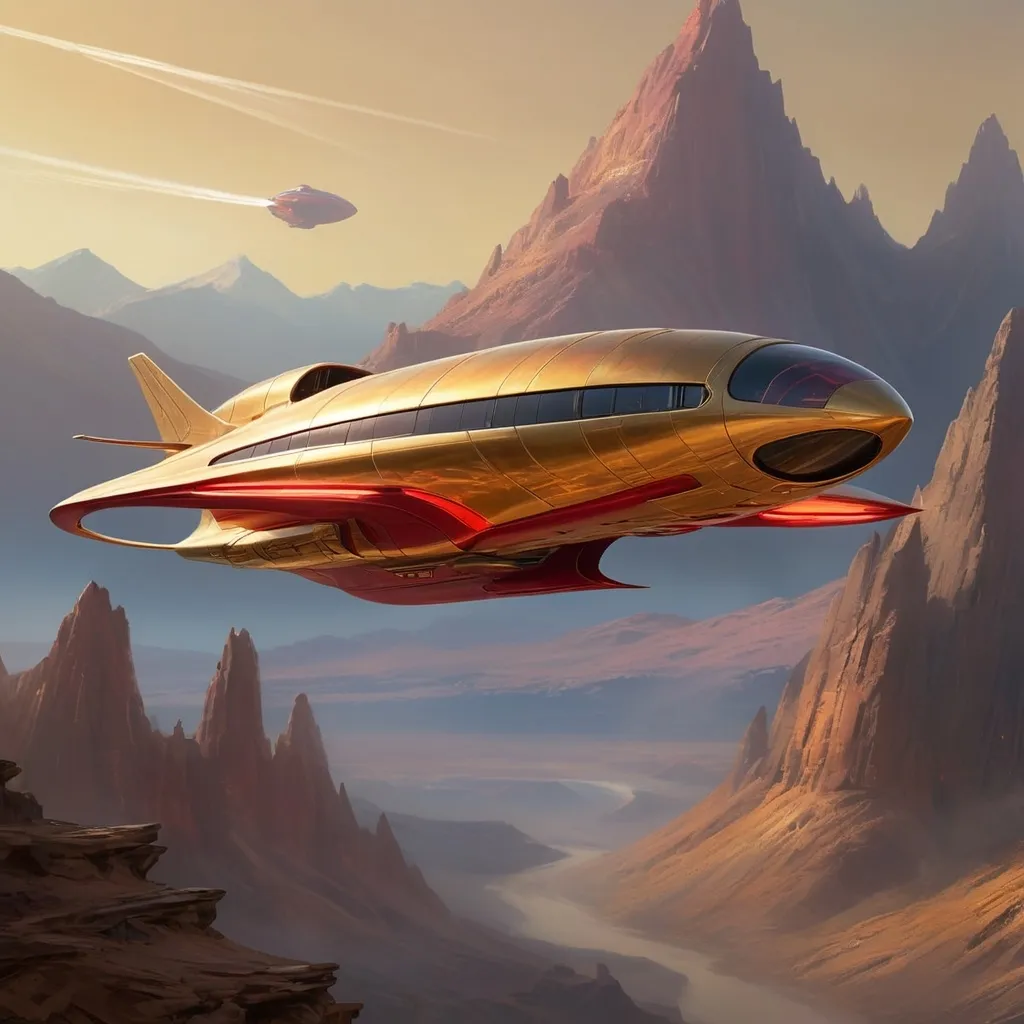 Prompt: Soaring through a breathtaking golden-hued atmosphere, a sleek spaceship jetstreams against a backdrop of rugged, mountainous terrain bathed in warm light. The craft features a streamlined design with a metallic sheen, highlighted by striking red accents and glowing exhaust ports that emit fiery trails, indicating powerful propulsion. Below, faint silhouettes of clustered structures hint at a distant settlement, shrouded in the soft glow of twilight. The composition captures a sense of adventure and exploration, evoking both the wonder of space travel and the raw beauty of an alien landscape, as the ship ascends into the vast unknown.