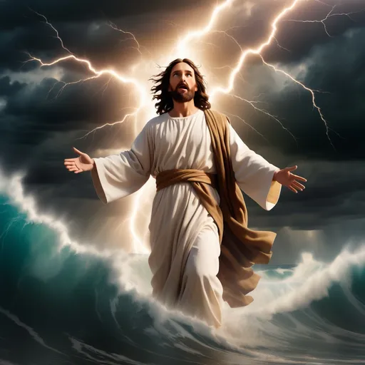 Prompt: Jesus walking on water in a storm surrounded by lightning and thunder. Jesus is transfigured in an awesome light. Waves are crashing against the shoreline. Jesus face is calm.