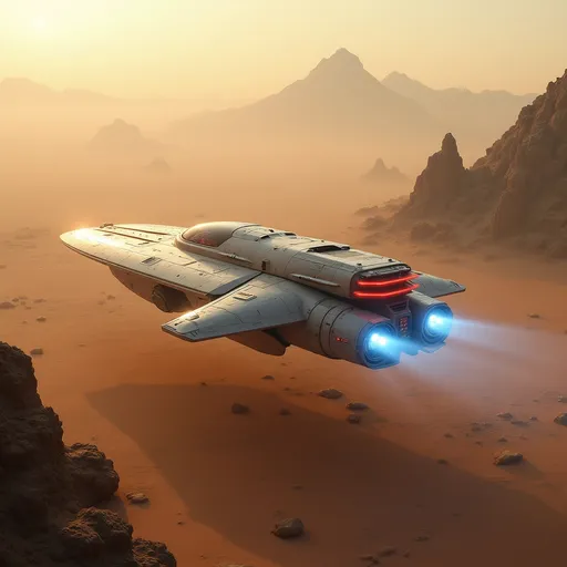 Prompt: Amidst a barren landscape dotted with rocky formations, a sleek, futuristic spaceship glides gracefully through the soft hues of a dusty atmosphere, illuminated by the warm light of an unseen sun. Its metallic surface, accented by glowing red and white lights, reflects a precision-engineered design, suggesting advanced technology and power. The ship's back end has thrusters that emit brilliant blue  creating a striking contrast against the muted earthy tones surrounding it. In the background, a distant mountainous silhouette looms, hinting at an otherworldly terrain that enhances the sense of exploration and adventure inherent in the scene. This captivating image exudes a mood of mystery and innovation, inviting viewers to imagine the stories unfolding in such an uncharted realm.