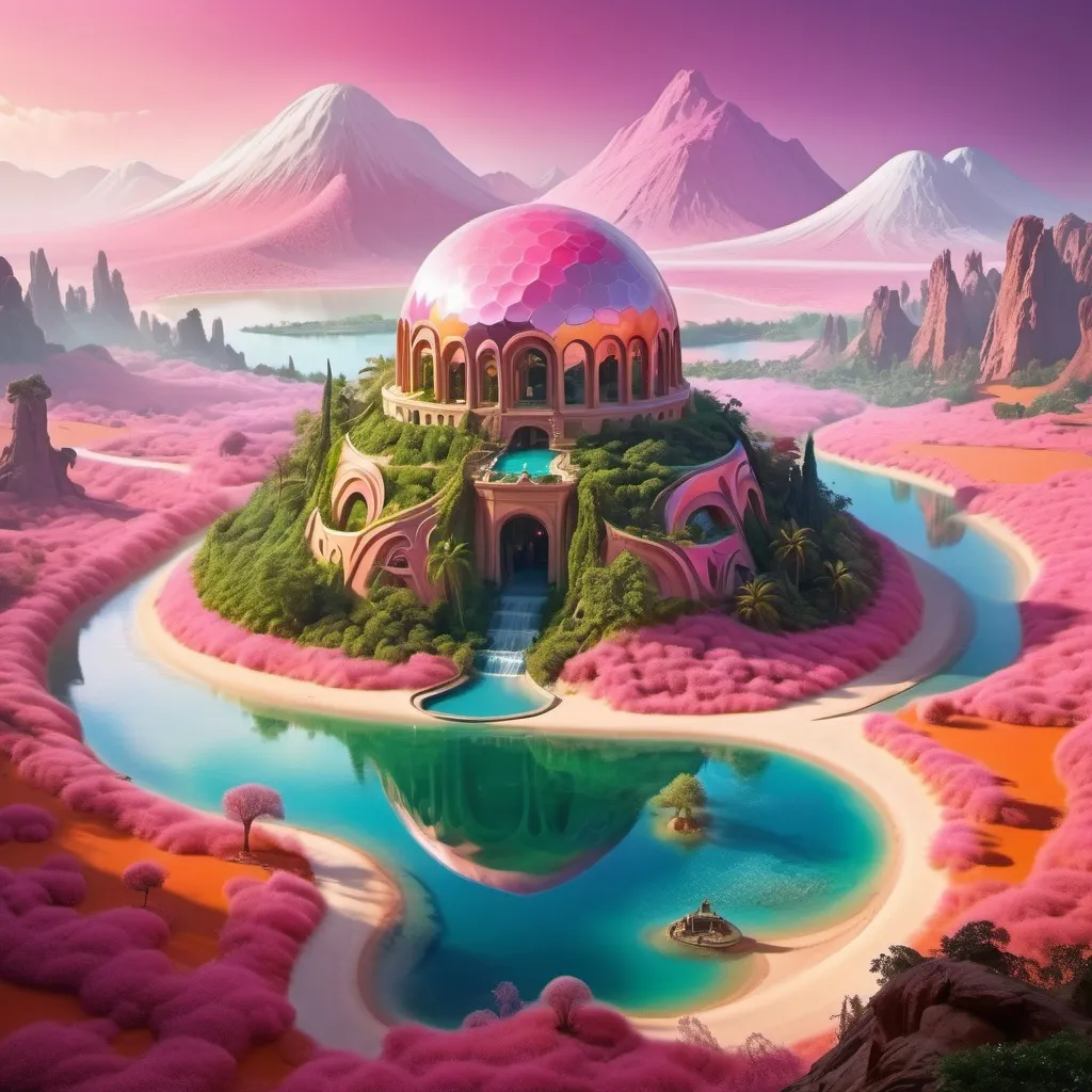 Prompt: A surreal and vividly imaginative landscape unfolds, featuring a colossal dome encasing a miniature, verdant mountain surrounded by lush trees and a winding path, set against a backdrop of strikingly colorful, alien terrain. This enclosed paradise sits within a vivid, pink-hued lake, contrasting sharply with the rich, orange sands of the surrounding landscape, which is dotted with jagged rock formations that stretch towards an atmospheric horizon filled with billowing clouds. The otherworldly environment is further enhanced by additional smaller domes, hinting at potential human habitation or exploration in this fantastical setting. The overall composition merges a dreamlike quality with rich colors and unusual forms, evoking a sense of wonder and curiosity about life and landscapes beyond Earth.