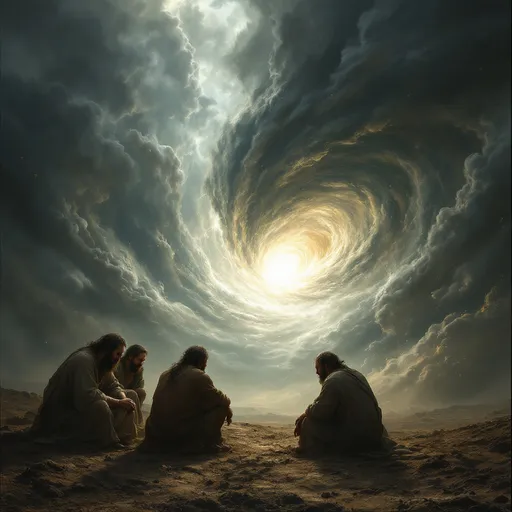 Prompt: Job’s discourse with God. God appears as a whirlwind to Job. The air is heavy with the presence of divine mystery and revelation. God’s light is veiled within the mighty whirlwind that is near Job. Job sits in the dirt destitute and covered in sores. His three friends sit next to him and cower at the sight of the whirlwind that talks. The landscape is heavy with the presence of God with lightning and mysterious cloud formations illuminated by the glory of God. A sense of timelessness. A sense of divine timing and glorious fulfilment. 