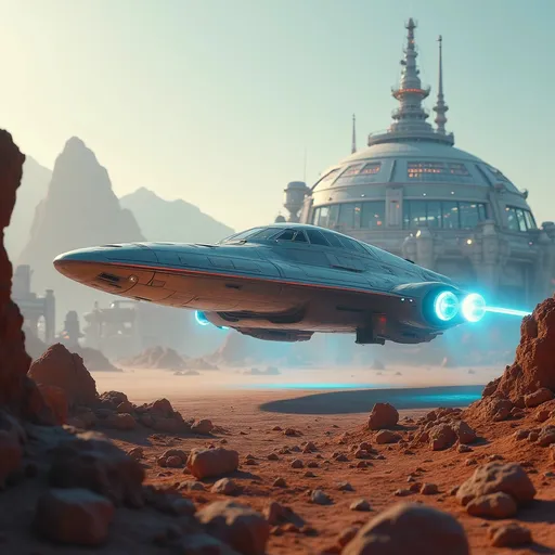 Prompt: Amidst a space port landscape dotted with rocky formations, a sleek, futuristic freighter spaceship glides gracefully to land on the landing pad of a big futuristic space port. The space port is a dazzling shade of blue and white and is made up of brightly lit domed glass structures that exude technical prowess and bright strip lighting. The spaceship lands slowly through the soft hues of a dusty atmosphere, illuminated by the warm light of an unseen sun. Its metallic surface, accented by glowing red and white lights, reflects a precision-engineered design, suggesting advanced technology and power. The ship's back end and under belly has landing thrusters that emit brilliant blue hues creating a striking contrast against the muted earthy tones surrounding it. In the background, a distant mountainous silhouette looms, hinting at an otherworldly terrain that enhances the sense of exploration and adventure inherent in the scene. This captivating image exudes a mood of mystery and innovation, inviting viewers to imagine the stories unfolding in such an uncharted realm.