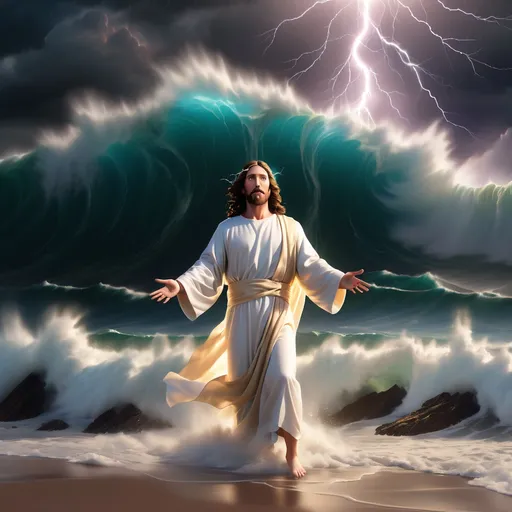 Prompt: Jesus is clothed and on the horizon as a figure in the distance a mile away and walking on water in a storm surrounded by lightning and thunder. He is transfigured in an awesome light. Waves are crashing against the shoreline in the foreground. Jesus face is perfectly formed and calm. The storm is vivid and strong. The sky dark and enigmatic with waves of iridescent lightning. 