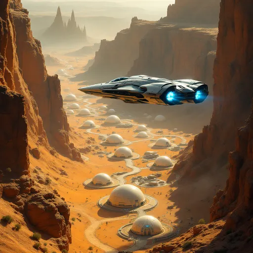 Prompt: In a breathtaking golden landscape, a sleek, futuristic spaceship hovers gracefully above a sprawling settlement of geodesic domes nestled in a dusty canyon. The ship's blue glowing engines at the back of the ship pulse with energy, contrasting against the rich ochre of the rocky cliffs and the distant, towering spires emerging like ancient sentinels. Below, the winding paths connect the translucent habitats, suggesting a vibrant community thriving in this arid environment, while the warm, diffused sunlight casts an ethereal glow over the entire scene. The overall mood evokes a sense of exploration and wonder, hinting at advanced technology harmoniously integrated with the natural beauty of a remote alien world.