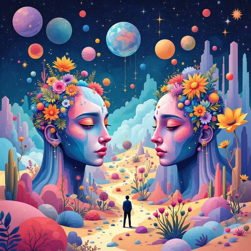 Prompt: Bursting with vibrant colors and surreal shapes, this imaginative illustration features abstract, oversized heads adorned with cosmic elements and floral motifs, blending human features with a dreamlike quality. A solitary figure stands amidst a landscape filled with geometric shapes, colorful spheres, and a whimsical terrain that suggests a fusion of nature and the cosmos. The scene is set in an otherworldly environment, where bright pastels contrast against darker cosmic hues, creating a captivating visual narrative. The interplay of forms and colors evokes a sense of contemplation and wonder, hinting at themes of identity, consciousness, and the universe's mysteries. The overall composition conveys a vibrant yet introspective mood, inviting the viewer to explore the depths of imagination.