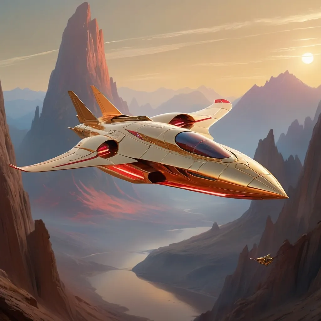 Prompt: Soaring through a breathtaking golden-hued atmosphere, a sleek spaceship jetstreams against a backdrop of rugged, mountainous terrain bathed in warm light. The craft features a streamlined design with a metallic sheen, highlighted by striking red accents and glowing exhaust ports that emit fiery trails, indicating powerful propulsion. Below, faint silhouettes of clustered structures hint at a distant settlement, shrouded in the soft glow of twilight. The composition captures a sense of adventure and exploration, evoking both the wonder of space travel and the raw beauty of an alien landscape, as the ship ascends into the vast unknown.