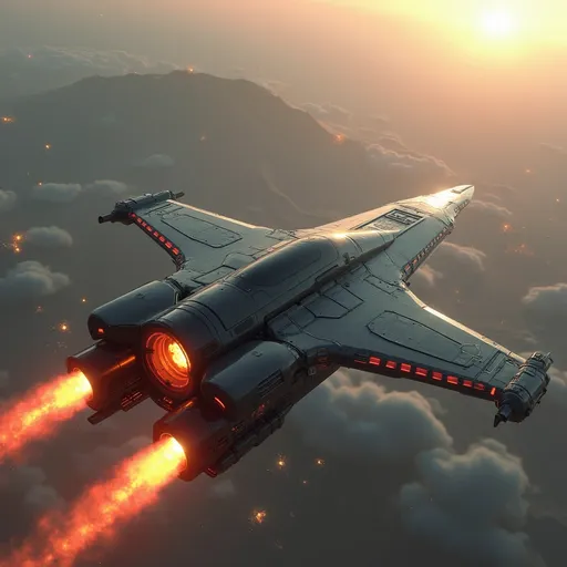 Prompt: Soaring above several glass domed cities and a sea of soft distant red mountainous landscape and the extinct Mons volcano of Mars, a long, yet broad bodied modern spacecraft freighter propels forward with brilliant engine flames streaming behind it, illuminating the atmosphere with a fiery glow. The vessel features a long cargo bay hold as it is a planetary freighter carrying cargo. The hull is stretching away yet fairly streamlined, aerodynamic design, marked by sharp angles and a polished, metallic surface that reflects the ambient light of the sky. With its jet-black body contrasting against the pale red hues of Mars planet around it, the scene captures a sense of adventure and technological prowess. The upward angle enhances the feeling of ascent, lending a dynamic perspective, as the ship's sturdy length and vibrant red accents stand out boldly. This moment conveys an exhilarating narrative of exploration and breakthrough, inviting imaginations to soar alongside it.