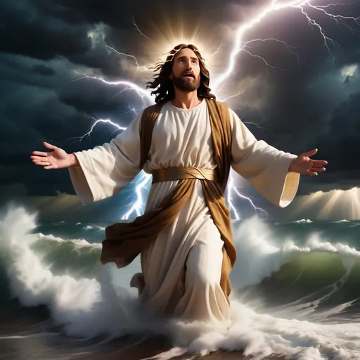 Prompt: Jesus walking on water in a storm surrounded by lightning and thunder. Jesus is transfigured in an awesome light. Waves are crashing against the shoreline. Jesus face is perfectly formed and calm. 