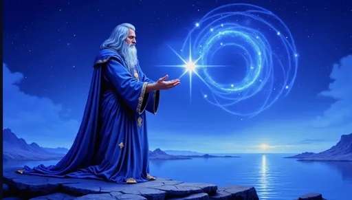 Prompt: Beneath a mesmerizing twilight sky painted in deep blue hues, a majestic figure stands on a rocky shore, embodying a powerful sorcerer or celestial being. Clad in flowing robes adorned with intricate gold patterns, he raises his hands towards a luminous star that radiates a brilliant light, giving rise to a swirling spiral of energy and light above him. The tranquil water reflects the celestial phenomenon, enhancing the scene’s mystical atmosphere, while distant mountains loom softly in the background, adding depth to the serene landscape. The image conveys a sense of wonder and magic, inviting viewers to marvel at the connection between the cosmic and the earthly realms, illuminating themes of creation and divine power.