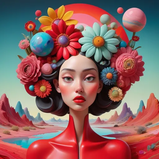 Prompt: A vibrant and surreal landscape unfolds, adorned with vividly colored, abstract representations of faces that blend nature and cosmic elements, evoking a sense of dreamlike exploration. Among the oversized heads, illustrations of flowers and planetary motifs emerge, contrasting against the flat, multicolored geometric shapes scattered across a textured, wavy terrain. A solitary figure stands contemplatively, dressed in red, gazing at the bizarre amalgamation of forms and colors that encapsulate the scene. The pastel hues and whimsical details craft a playful yet introspective mood, suggesting a journey through thoughts and imagination in a fantastical world where reality and creativity intertwine.