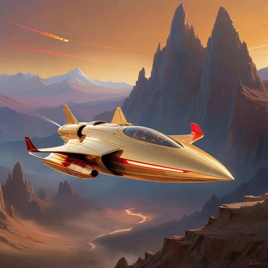 Prompt: Soaring through a breathtaking golden-hued atmosphere, a sleek spaceship jetstreams against a backdrop of rugged, mountainous terrain bathed in warm light. The craft features a streamlined design with a metallic sheen, highlighted by striking red accents and glowing exhaust ports that emit fiery trails, indicating powerful propulsion. Below, faint silhouettes of clustered structures hint at a distant settlement, shrouded in the soft glow of twilight. The composition captures a sense of adventure and exploration, evoking both the wonder of space travel and the raw beauty of an alien landscape, as the ship ascends into the vast unknown.