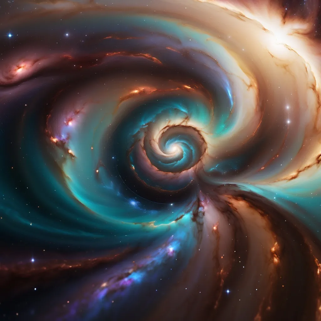 Prompt: A mesmerizing swirl of cosmic colors draws the eye inward, evoking the grandeur of a distant galaxy. The spiral pattern, reminiscent of a galaxy's core, features rich browns, soft creams, and hints of teal, blending seamlessly to create a captivating depth. Striking bolts of lightning flash across the scene, adding an electric energy to the tranquil beauty of the swirling clouds. The overall atmosphere carries a sense of awe and wonder, inviting viewers to contemplate the mysteries of the universe. This vivid, surreal depiction encapsulates the dynamic forces at play in the cosmos, transforming the infinite into a swirling dance of color and motion. A sleek and elegant spacecraft ascends with silver colours and fast blue strobes. 