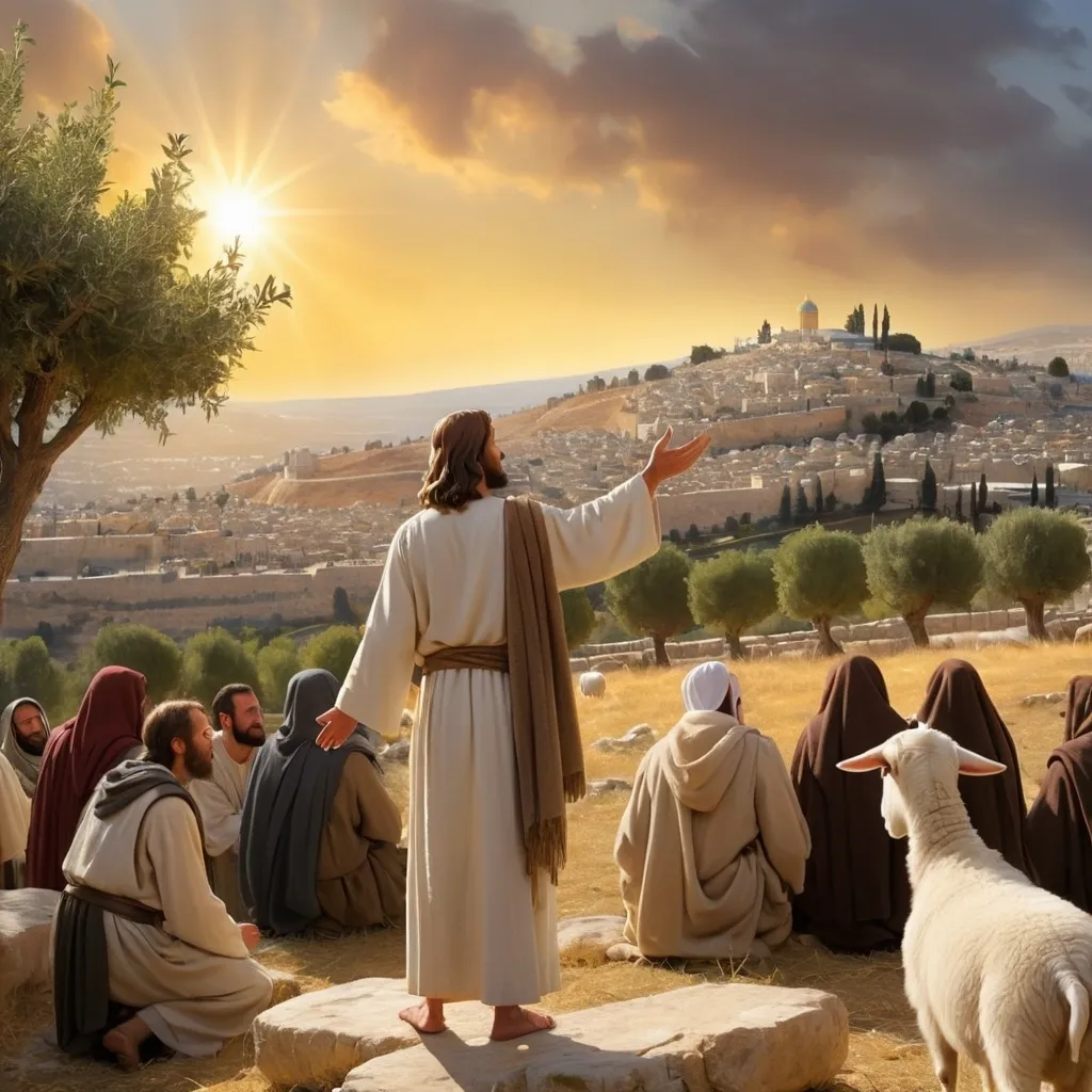 Prompt: Jesus teaching the sermon on the Mount. He stands enigmatically exuding the divine spirit placed upon him. Humble yet divine. The Son of God personified. Jesus is surrounded by people. A crowd of people who are listening to his sermon. The scenery is amazing. It is a rugged rural landscape of Jerusalem where Jesus stands on top of the Mount. The scene is set near Jesus. The City of Jerusalem at the time of Jesus is in the background. Olive trees grow on the Mount. And one goat and one sheep can be seen feeding. Jesus is wearing the garments of the day with a sash. The sun is setting and the sky is a golden sunset. 