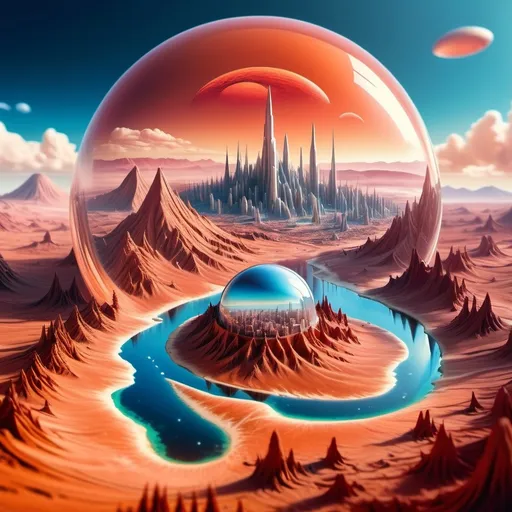 Prompt: aerial view, tilt-shift, isometric miniature world, detailed landscape Mars world render with futuristic glass domes filled with forests and lakes and futuristic twisted skyscrapers. Mount Mons the dormant volcano is part of this landscape with dramatic sky. Red and orange tones with blue sky. Dramatic Martian clouds with red and pink and rustic hues. Airy feel as Mars is being terraformed into a beautiful landscape. Airy and light with glass domes iridescent with refracted light from the sunset. In the foreground one domed city has a pine forest clearly visible.