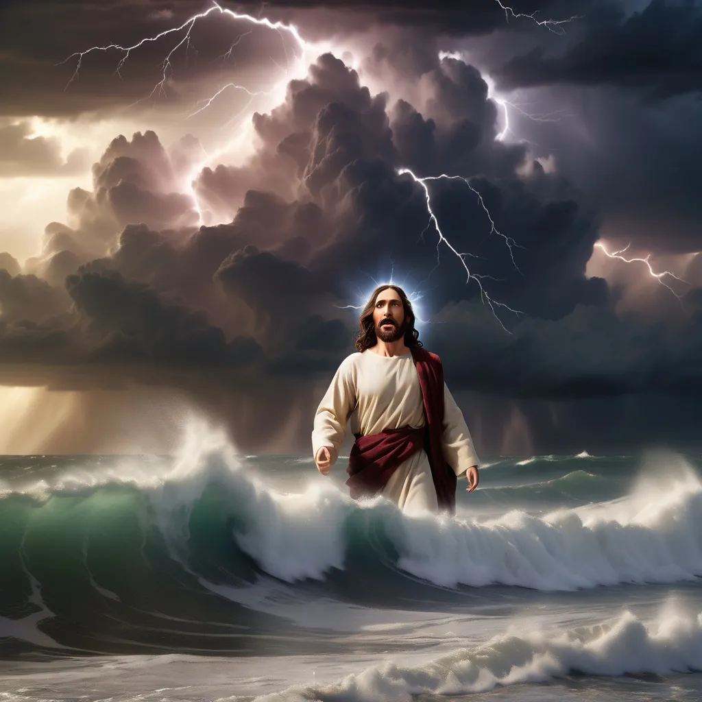 Prompt: Jesus is on the horizon walking on water in a storm surrounded by lightning and thunder. He is transfigured in an awesome light. Waves are crashing against the shoreline in the foreground. Jesus face is perfectly formed and calm. The storm is vivid and strong. The sky dark and enigmatic. 