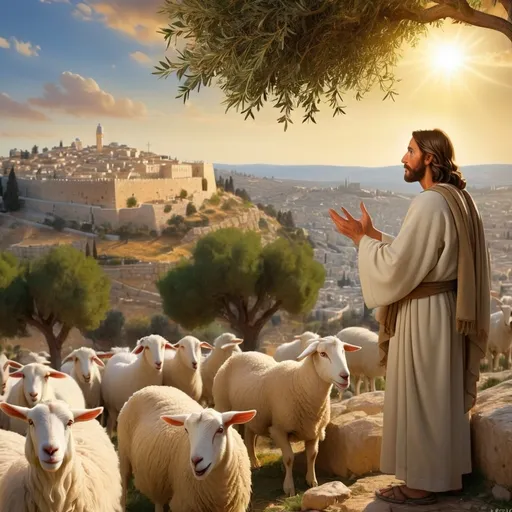 Prompt: Jesus teaching the sermon on the Mount. He stands enigmatically exuding the divine spirit placed upon him. Humble yet divine. The Son of God personified. Jesus is surrounded by a large crowd of people who are listening to his sermon. The scenery is amazing. It is a rugged rural landscape of Jerusalem where Jesus stands on top of the Mount. The scene is set near Jesus. The City of Jerusalem at the time of Jesus is in the background. Olive trees grow on the Mount. And one goat and one sheep can be seen feeding. Jesus is wearing the garments of the day with a sash. The sun is setting and the sky is a golden sunset. 