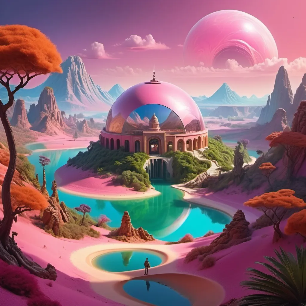 Prompt: A surreal and vividly imaginative landscape unfolds, featuring a colossal dome encasing a miniature, verdant mountain surrounded by lush trees and a winding path, set against a backdrop of strikingly colorful, alien terrain. This enclosed paradise sits within a vivid, pink-hued lake, contrasting sharply with the rich, orange sands of the surrounding landscape, which is dotted with jagged rock formations that stretch towards an atmospheric horizon filled with billowing clouds. The otherworldly environment is further enhanced by additional smaller domes, hinting at potential human habitation or exploration in this fantastical setting. The overall composition merges a dreamlike quality with rich colors and unusual forms, evoking a sense of wonder and curiosity about life and landscapes beyond Earth.