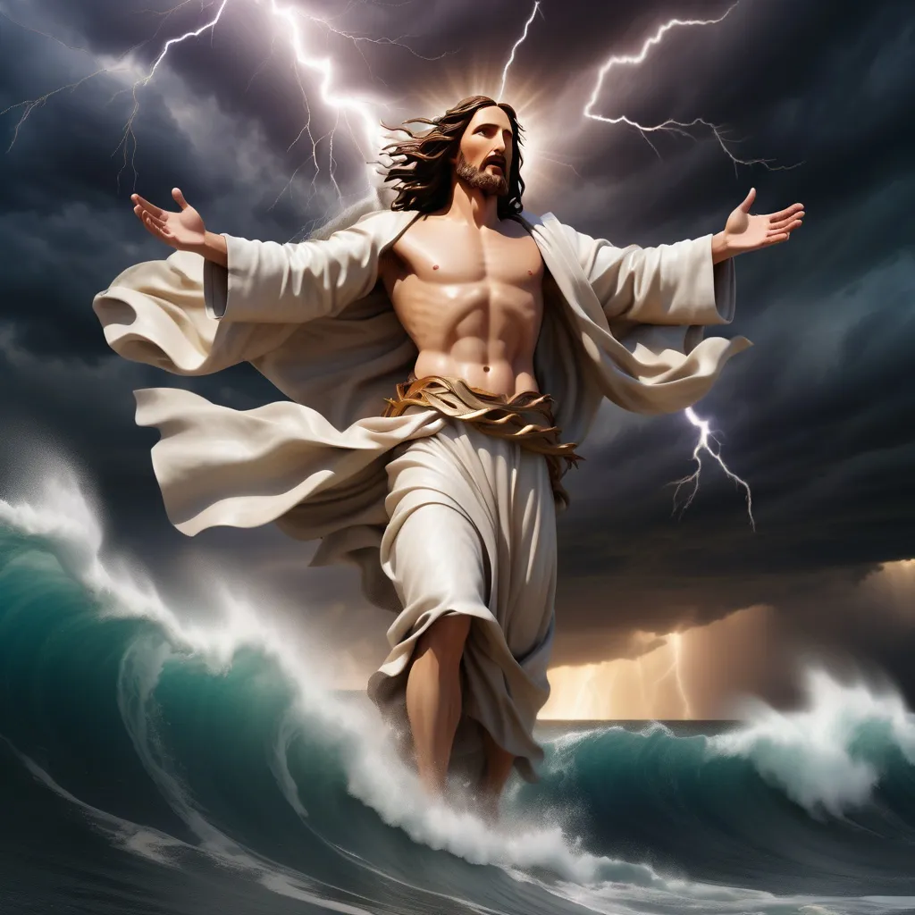 Prompt: Jesus walking on water in a storm surrounded by lightning and thunder. Jesus is transfigured in an awesome light. Waves are crashing against the shoreline. Jesus face is perfectly formed and calm. The storm is vivid and strong. The sky dark and enigmatic. 