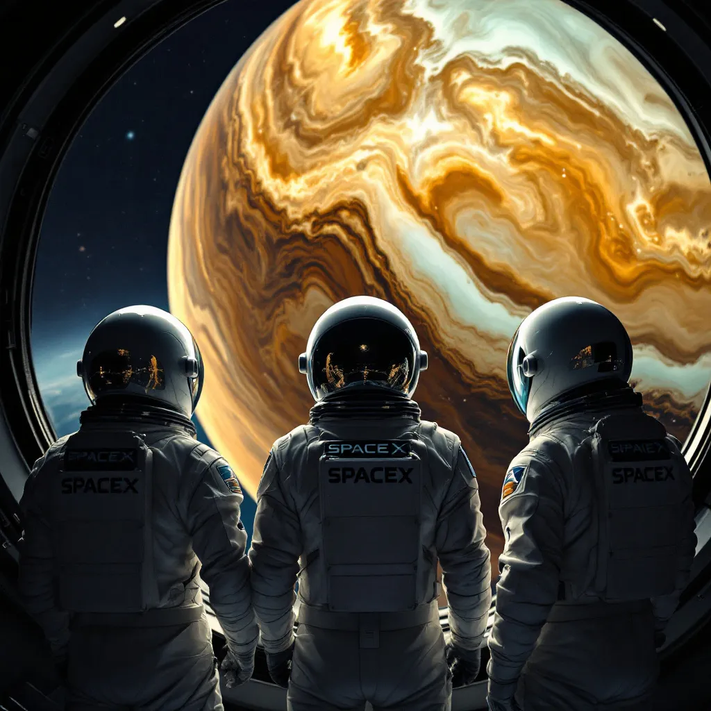 Prompt: Gazing out from an impressive spacecraft observation deck, three astronauts clad in white suits emblazoned with "SPACEX" stand in awe of the immense and vivid planet Jupiter, whose swirling clouds and rich, warm hues dominate the backdrop. The scene is set in the quiet expanse of space, highlighted by the dark void contrasting against Jupiter's striking atmosphere, accentuated by the soft, ethereal light that filters through the viewing window. Each astronaut, positioned side by side, exhibits a sense of wonder and curiosity, their helmets reflecting the grandeur of the gas giant, embodying the spirit of exploration and adventure. This striking visual composition invites the viewer to contemplate the boundless possibilities of space travel and the enigmas that await beyond Earth.