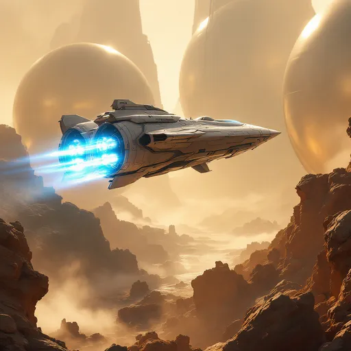 Prompt: Amidst a rugged, otherworldly landscape bathed in soft, golden light, a sleek, futuristic spacecraft ascends gracefully, its engines glowing with vibrant blue flames that dramatically illuminate the scene. Towering in the background are smooth, dome-shaped structures, likely habitation pods, that reflect the bright hues of the setting sun while casting elongated shadows on the rocky terrain. The spacecraft, with its streamlined design and intricate surface details, exudes a sense of advanced technology and exploration, as it appears to be departing from the ground below, hinting at a journey to distant realms. The atmospheric haze adds a mystical quality, enveloping the foreground rocks and softening the harsh lines of the environment, which together evoke a mood of adventure and discovery in this ethereal sci-fi setting.