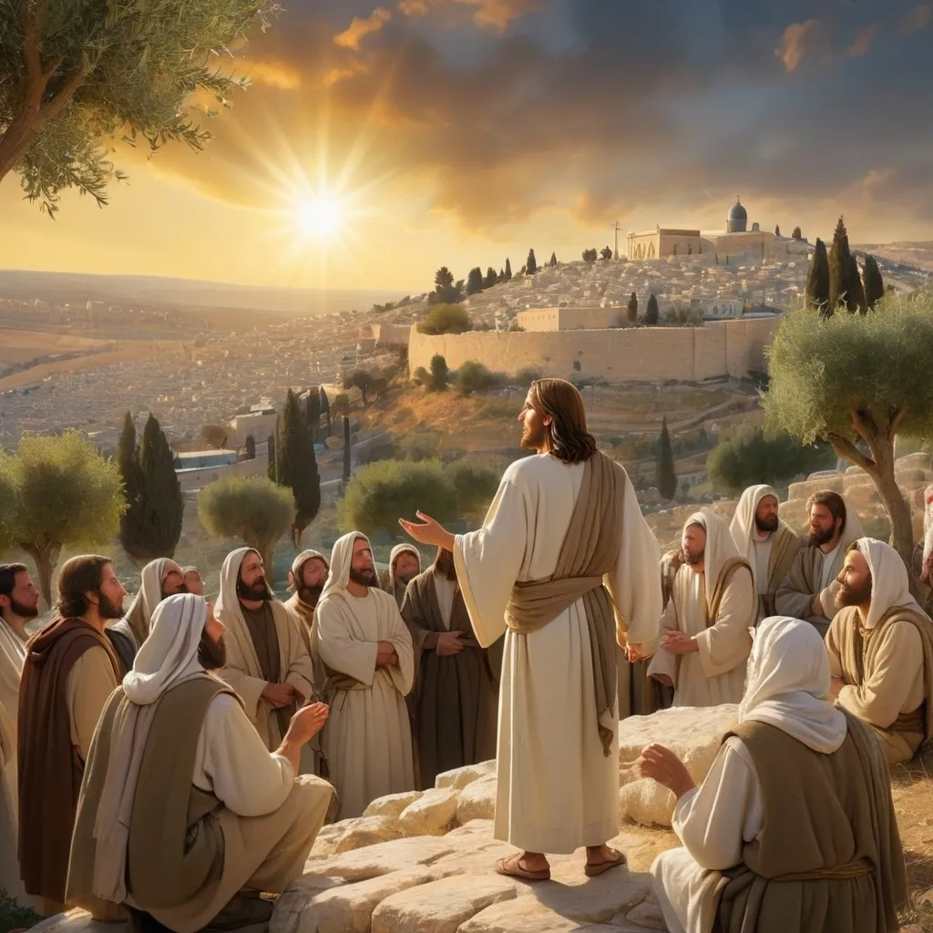 Prompt: Jesus teaching the sermon on the Mount. He stands enigmatically exuding the divine spirit placed upon him. Humble yet divine. The Son of God personified. Jesus is surrounded by people. A crowd of people who are listening to his sermon. The scenery is amazing. It is a rugged rural landscape of Jerusalem where Jesus stands on top of the Mount. The scene is set near Jesus. The City of Jerusalem at the time of Jesus is in the background. Olive trees grow on the Mount. And one goat and one sheep can be seen feeding. Jesus is wearing the garments of the day with a sash. The sun is setting and the sky is a golden sunset. 