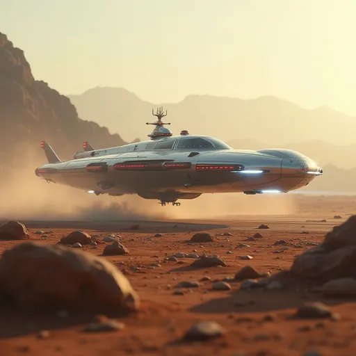 Prompt: Amidst a barren landscape dotted with rocky formations, a sleek, futuristic freighter spaceship glides gracefully to land on the landing pad of a future space port. The spaceship lands slowly through the soft hues of a dusty atmosphere, illuminated by the warm light of an unseen sun. Its metallic surface, accented by glowing red and white lights, reflects a precision-engineered design, suggesting advanced technology and power. The ship's back end and under belly has landing thrusters that emit brilliant blue hues creating a striking contrast against the muted earthy tones surrounding it. In the background, a distant mountainous silhouette looms, hinting at an otherworldly terrain that enhances the sense of exploration and adventure inherent in the scene. This captivating image exudes a mood of mystery and innovation, inviting viewers to imagine the stories unfolding in such an uncharted realm.