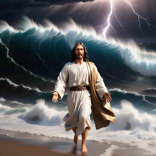 Prompt: Jesus is clothed and on the horizon as a figure in the distance a mile away and walking on water in a storm surrounded by lightning and thunder. He is transfigured in an awesome light. Waves are crashing against the shoreline in the foreground. Jesus face is perfectly formed and calm and etched in light and shadow. The storm is vivid and strong. The sky dark and enigmatic with waves of iridescent lightning. 