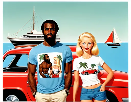 Prompt: A black Robinson Crusoe with a ‘yacht’ t-shirt print, and a blonde girlfriend with one bubble shaped red car parked nearby. On the woman’s T-Shirt is the printed word ‘OONA’. The girlfriend of the black man is short with puffy cheeks and a button nose. Her girlfriend’s hair is shoulder length and braided. They are both on a long winding beach, happy and sun tanned, with worn out t-shirt and ragged shorts in the style of jeans. A few palm trees and fallen coconuts and a boat with sails is out to sea. 