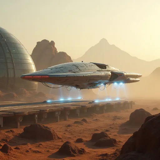 Prompt: Amidst a space port landscape dotted with rocky formations, a sleek, futuristic freighter spaceship glides gracefully to land on the landing pad of a big futuristic space port. The space port is made up of domed glass structures that exude technical prowess. The spaceship lands slowly through the soft hues of a dusty atmosphere, illuminated by the warm light of an unseen sun. Its metallic surface, accented by glowing red and white lights, reflects a precision-engineered design, suggesting advanced technology and power. The ship's back end and under belly has landing thrusters that emit brilliant blue hues creating a striking contrast against the muted earthy tones surrounding it. In the background, a distant mountainous silhouette looms, hinting at an otherworldly terrain that enhances the sense of exploration and adventure inherent in the scene. This captivating image exudes a mood of mystery and innovation, inviting viewers to imagine the stories unfolding in such an uncharted realm.